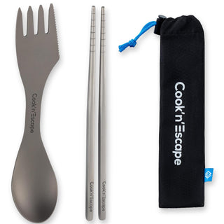 COOK'N'ESCAPE チタン製 三徳スプーン＆箸セット メッシュ収納袋付き超軽量0.06g