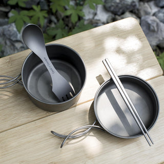 COOK'N'ESCAPE チタン製 三徳スプーン＆箸セット メッシュ収納袋付き超軽量0.06g