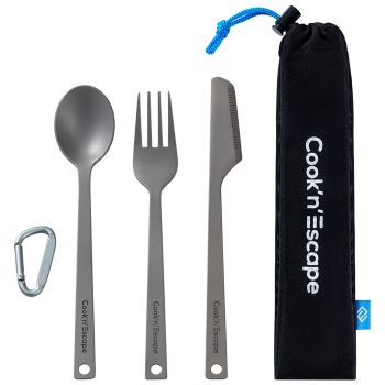 COOK'N'ESCAPE Titanium Utility Cutlery 3 Pcs Set, Super Strong Ultra Lightweight Knife Fork Spoon CA2005